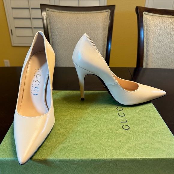 New Gucci GG High Heel Leather Beige Pumps Shoes 38 / US 8 - Picture 7 of 16